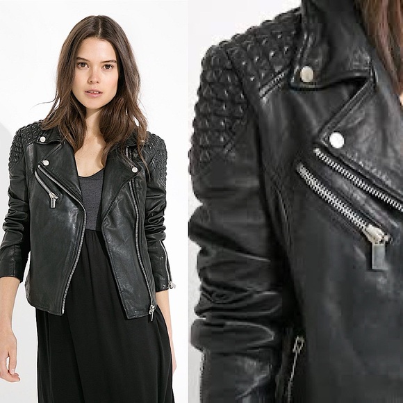 Mango Textured Panel Genuine Leather Biker Jacket Black XS Quilted Shoulder Moto - Picture 2 of 16